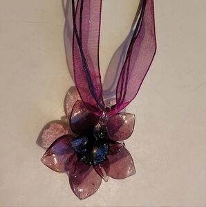 Glass Purple Flower Pendant Necklace with Organza Ribbon
